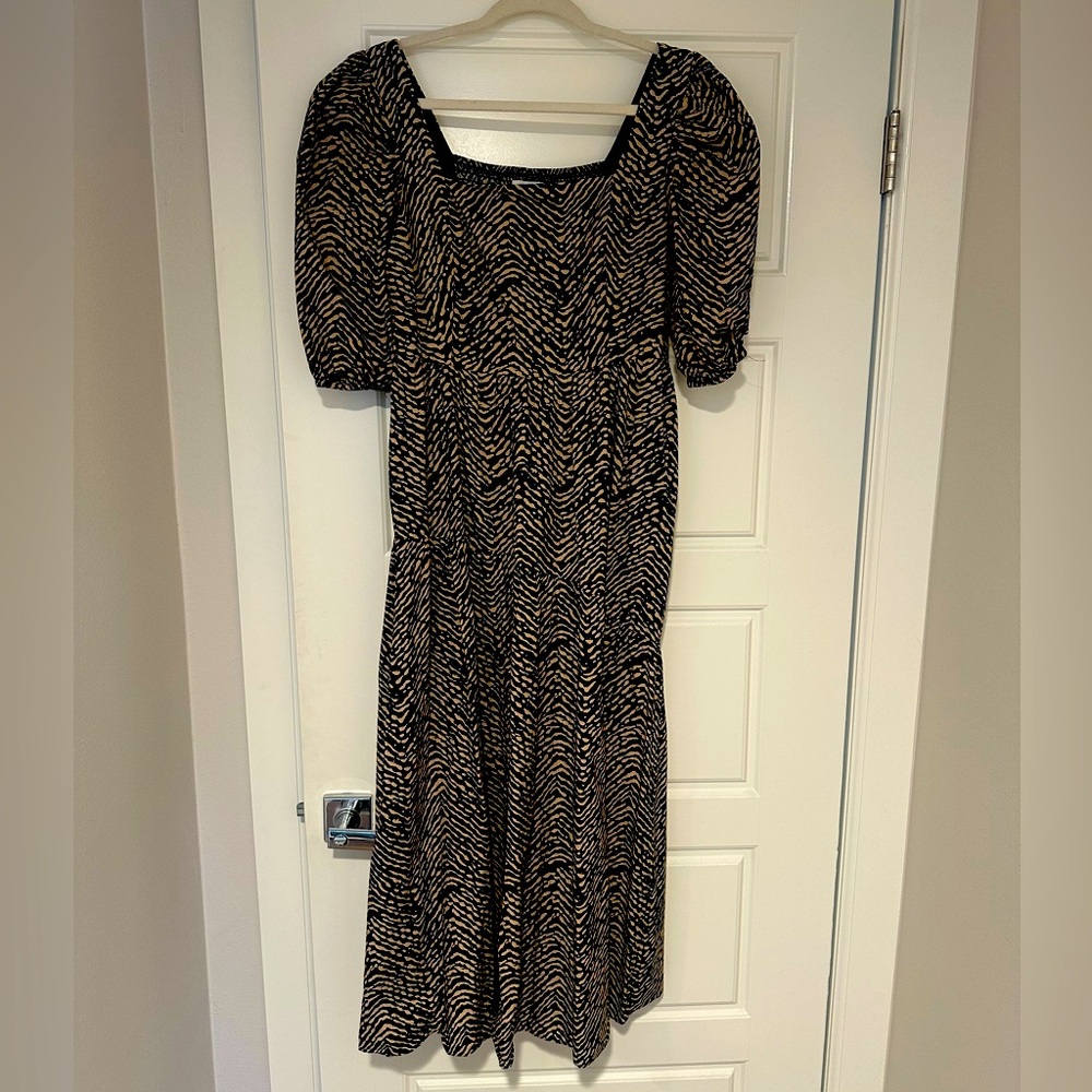 Mango (MNG) dress size 8 (size M) black and camel print, midi dress